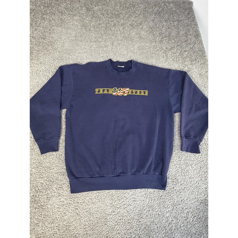 VTG Teamsters Sweatshirt Mens L Blue Pullover Fleece Crewneck Local 107 Graphic